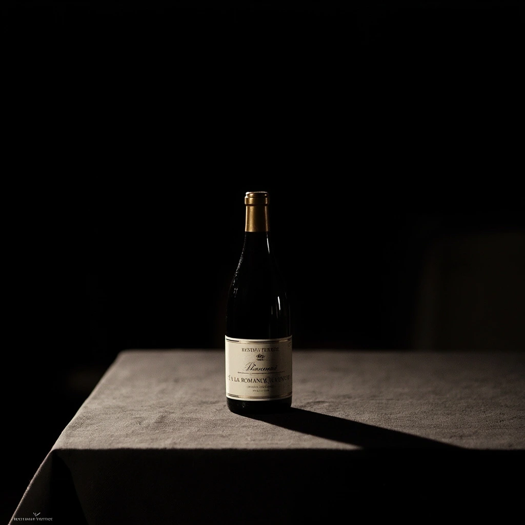 Photographie éditoriale d'une bouteille de Romanée-Conti posée sur une nappe sombre